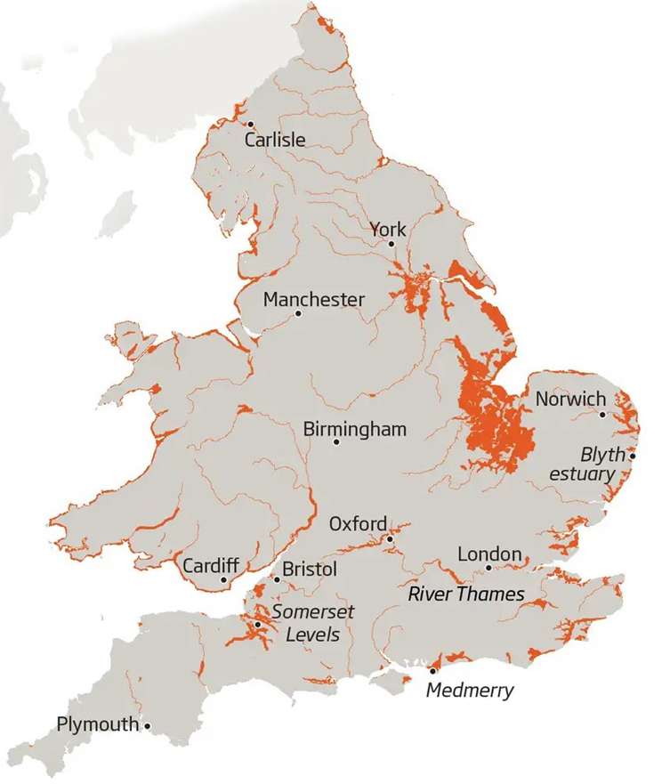 Areas in England subject to frquent flooding